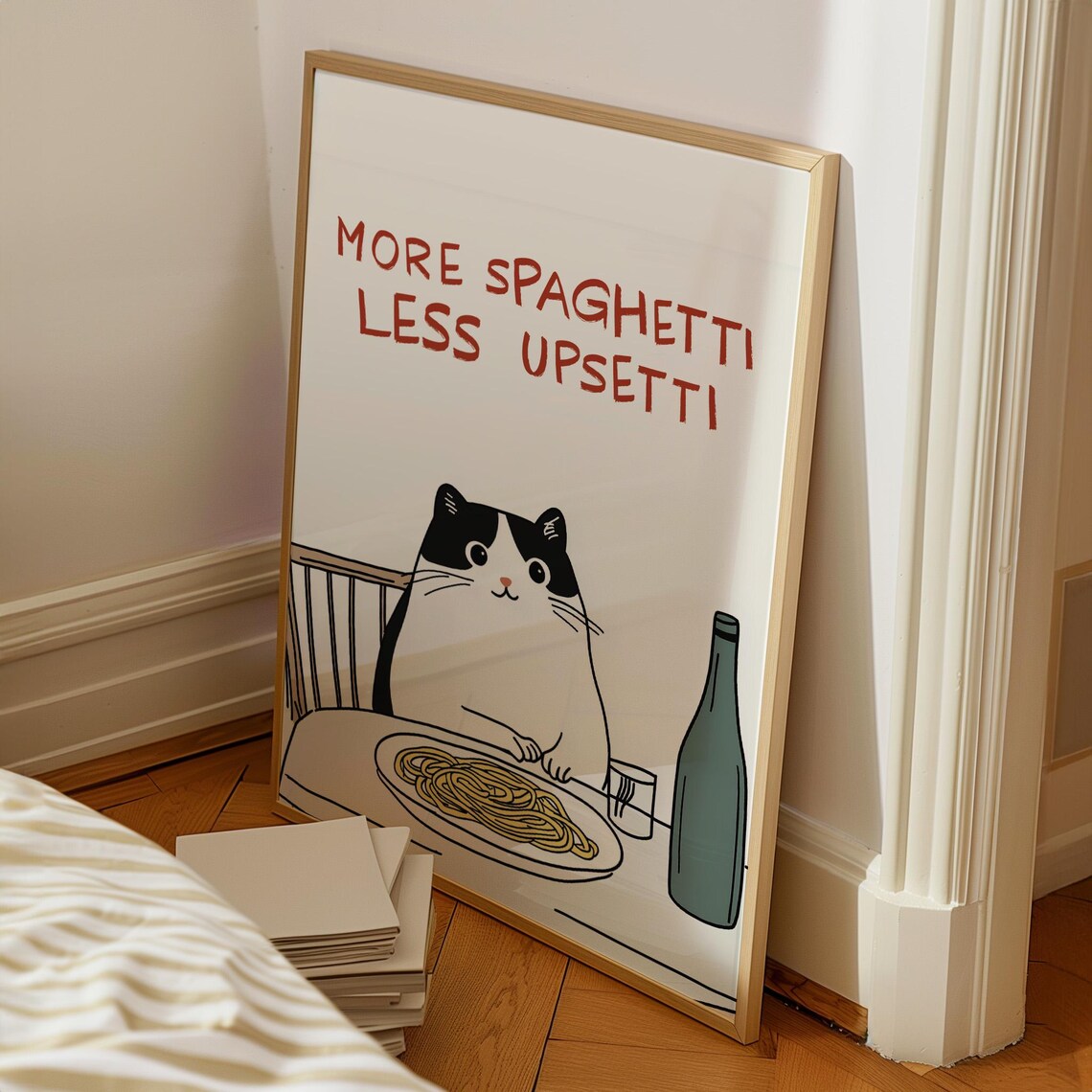 More Spaghetti Less Upsetti Cute Cat At Dinner Table Kitchen Art Poster - Image 2