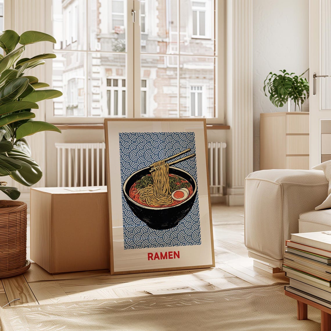 Ramen Bowl With Chopsticks Blue Seigaiha Wave Pattern Kitchen Poster - Image 2