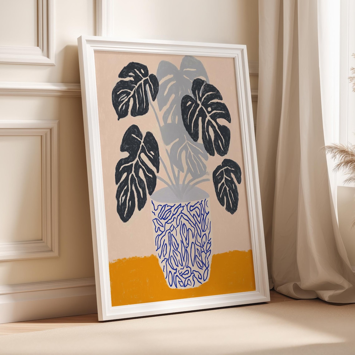 Monstera in Patterned Pot Black Line Art Mustard Botanical Poster