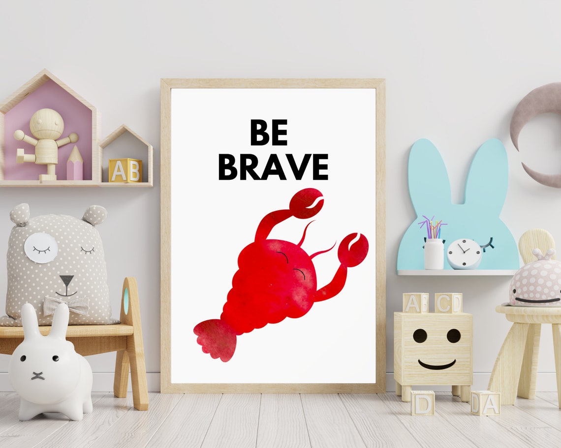 Be Brave Bold Red Watercolor Crab Nursery Affirmation Wall Poster - Image 3