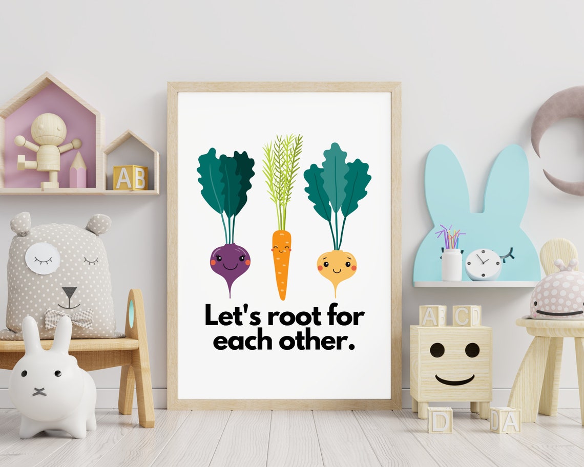 Let's Root For Each Other Cute Veggie Kids Nursery Pun Wall Art