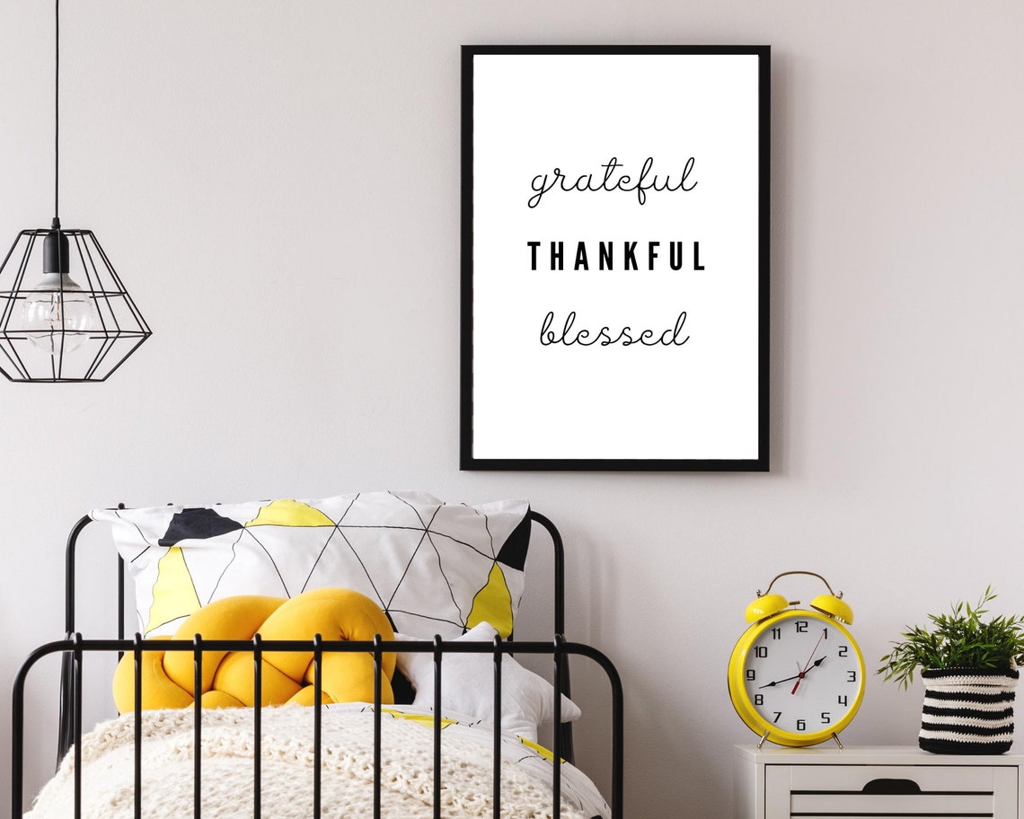Grateful Thankful Blessed Script Typography Black White Wall Poster - Image 2