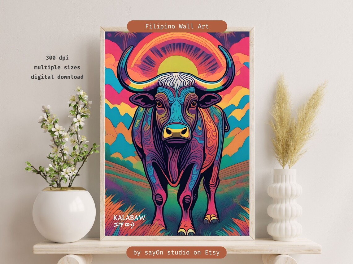 Philippine Carabao Kalabaw Psychedelic Rainbow Sunset Animal Poster