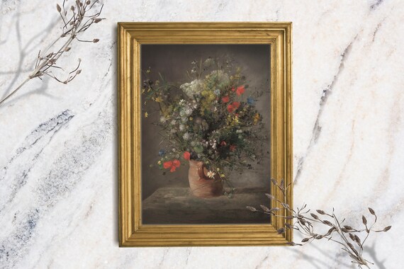 Vintage Wildflower Bouquet Terracotta Pitcher Poppies Moody Floral Art Print