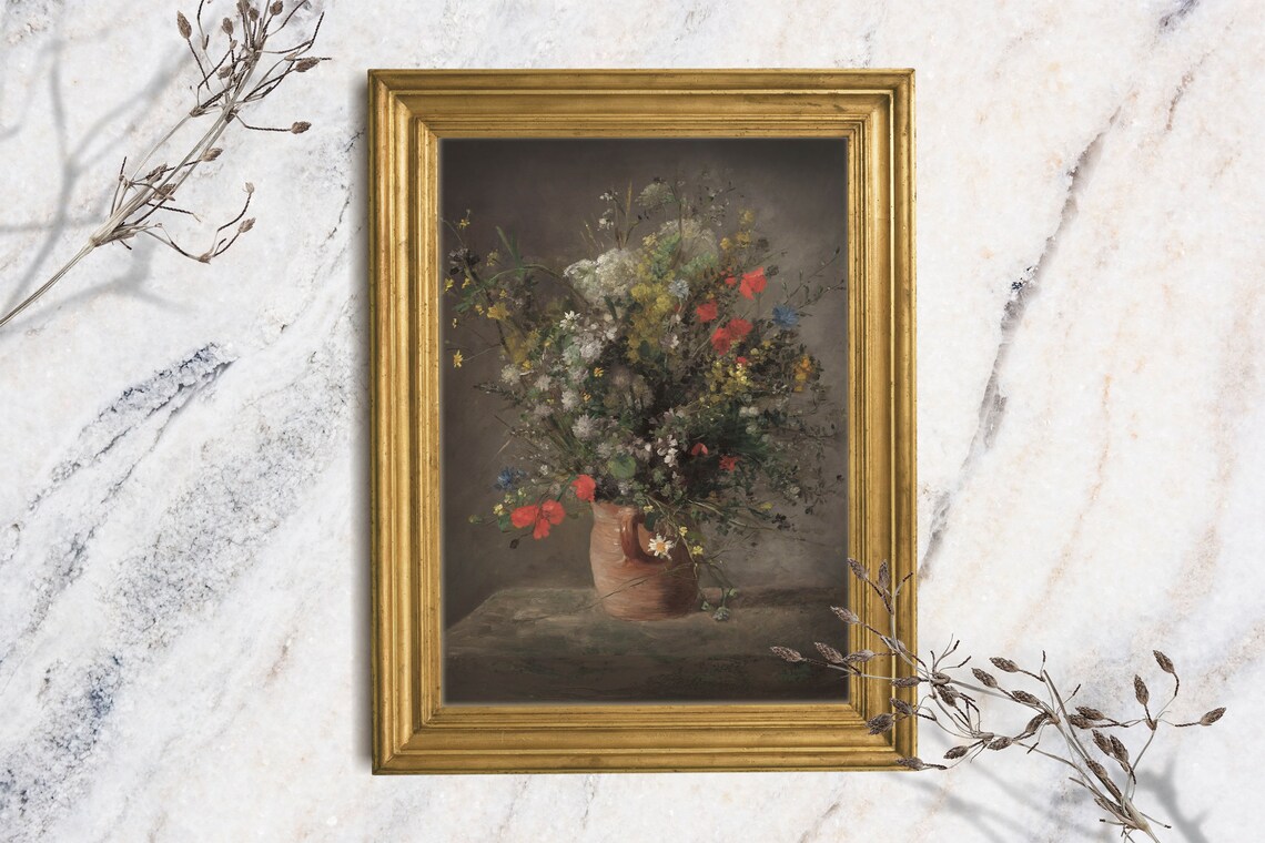 Vintage Wildflower Bouquet Terracotta Pitcher Poppies Moody Floral Art Print