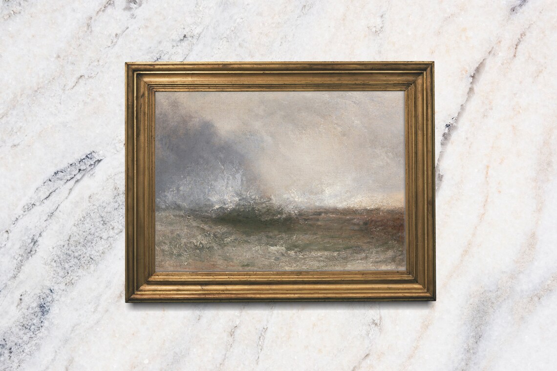 Muted Gray Ocean Waves Misty Vintage Seascape Oil Painting Poster