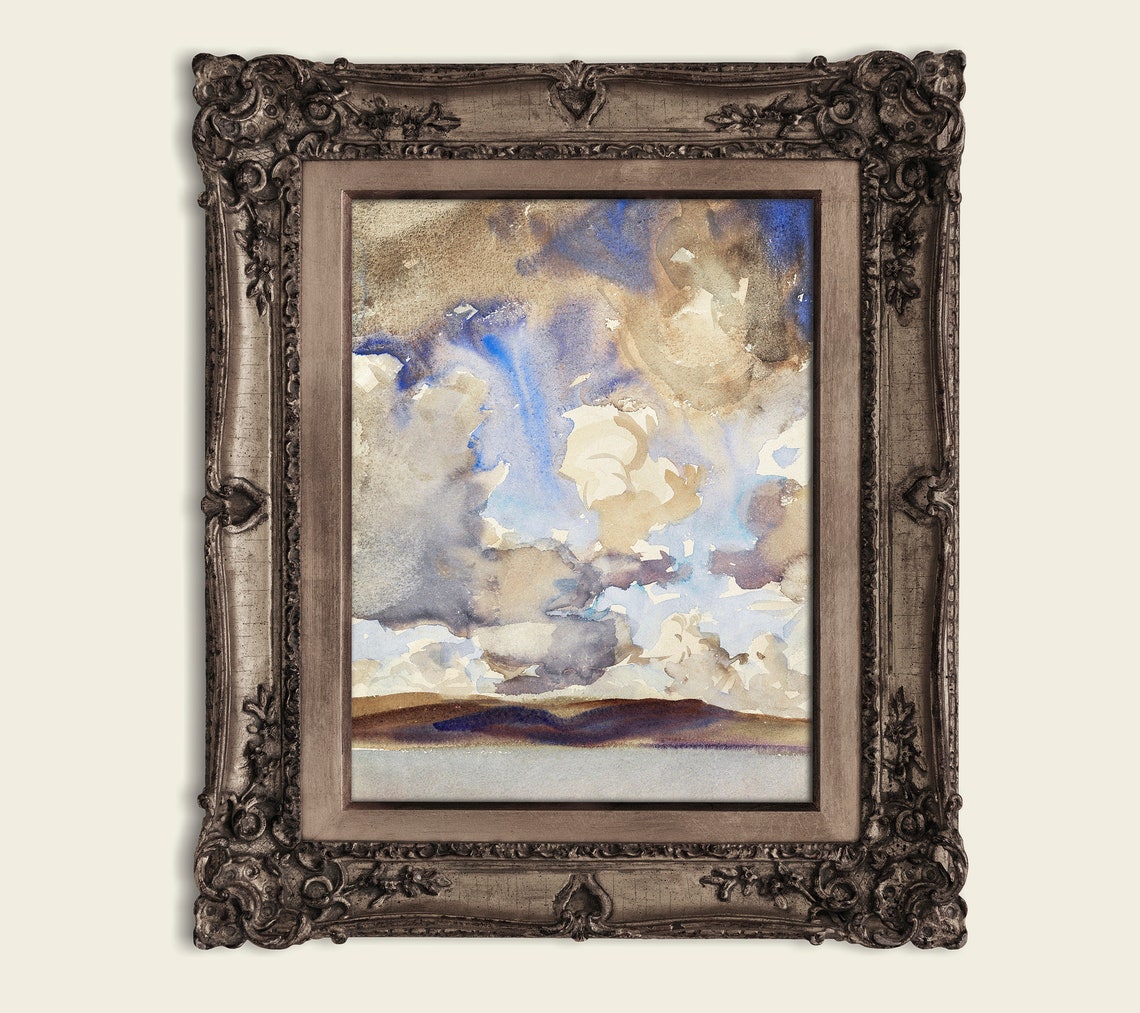 Dramatic Blue Clouds Sky Watercolor Impressionist Cloud Study Poster - Image 2