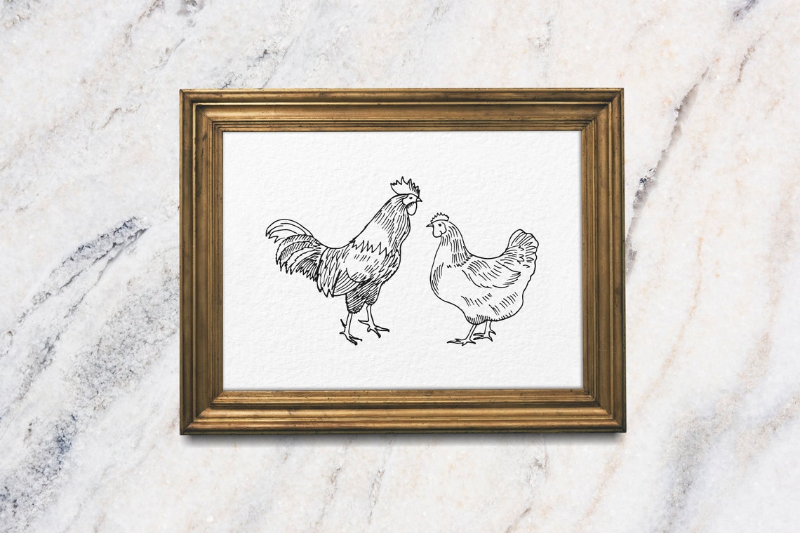 Rooster And Hen Minimalist Ink Sketch Farmhouse Animal Art Poster