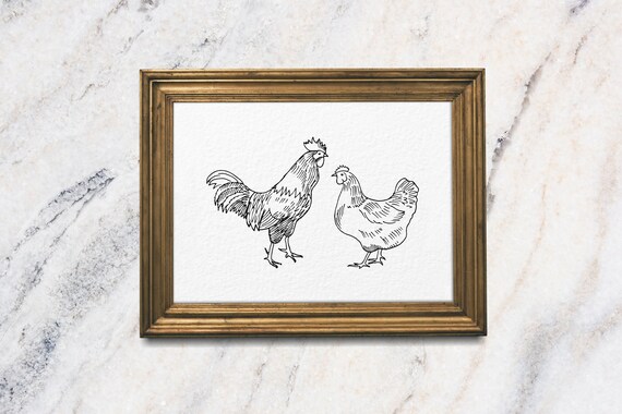 Rooster And Hen Minimalist Ink Sketch Farmhouse Animal Art Poster