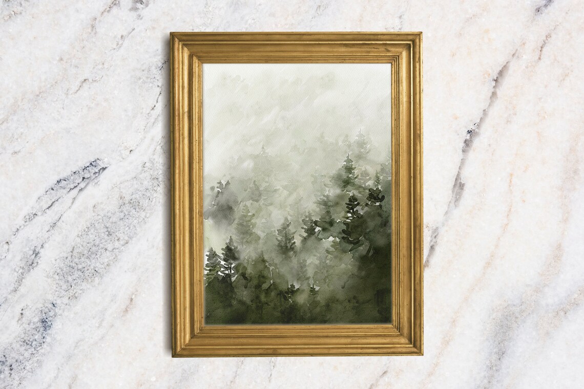 Misty Foggy Green Forest Pines Moody Watercolor Landscape Poster