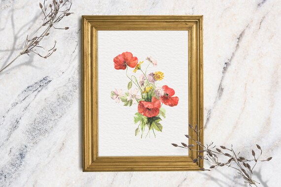 Red Poppy Wildflower Bouquet Watercolor Floral Vintage Painting Art Print