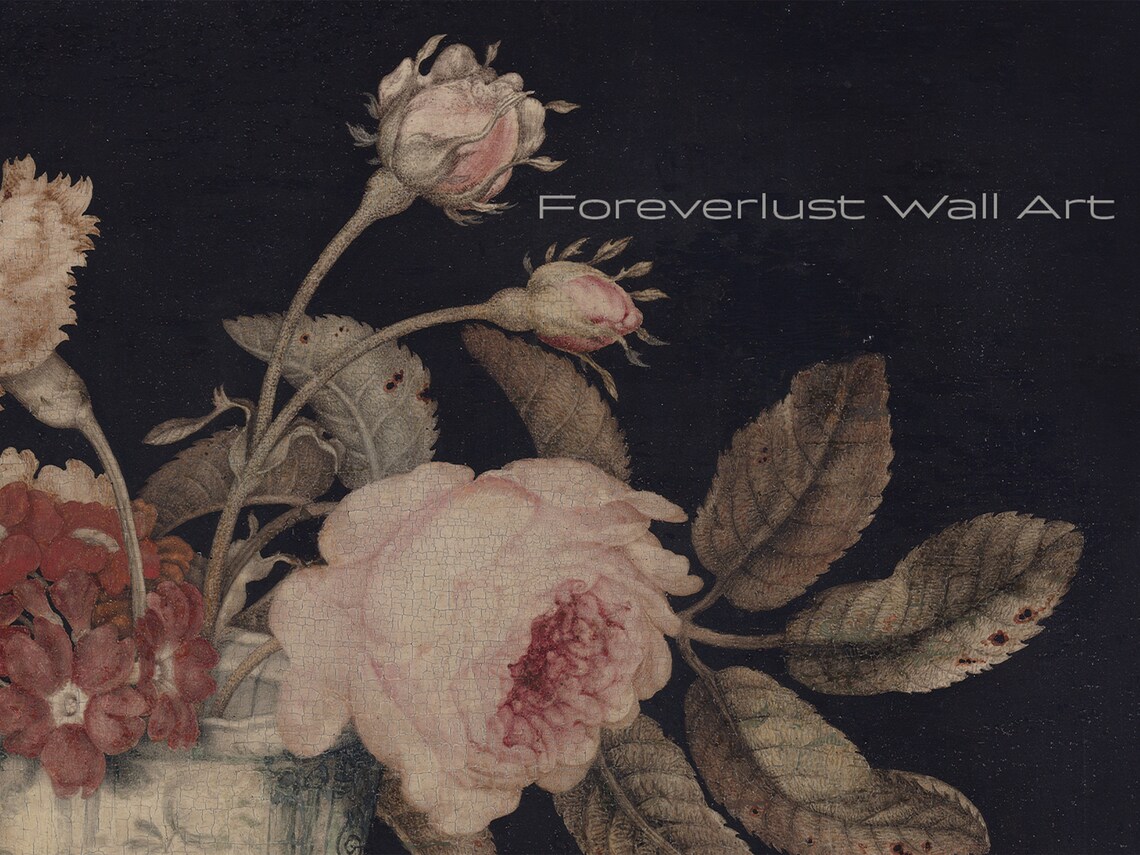 Moody Dark Floral Still Life Vase Roses Vintage Oil Painting Art Print - Image 2