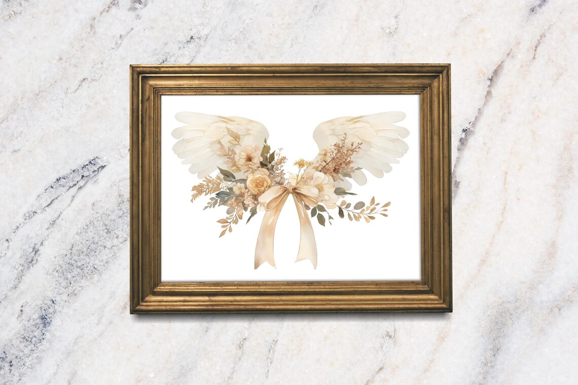 Champagne Bow Angel Wings Floral Watercolor Coquette Nursery Art Print
