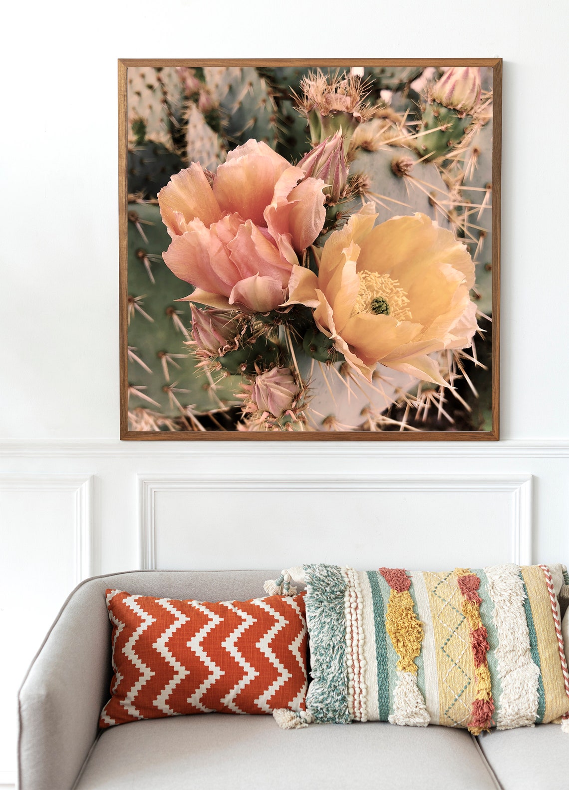 Blooming Cactus Flowers Pink Peach Blossoms Macro Botanical Art Print - Image 2