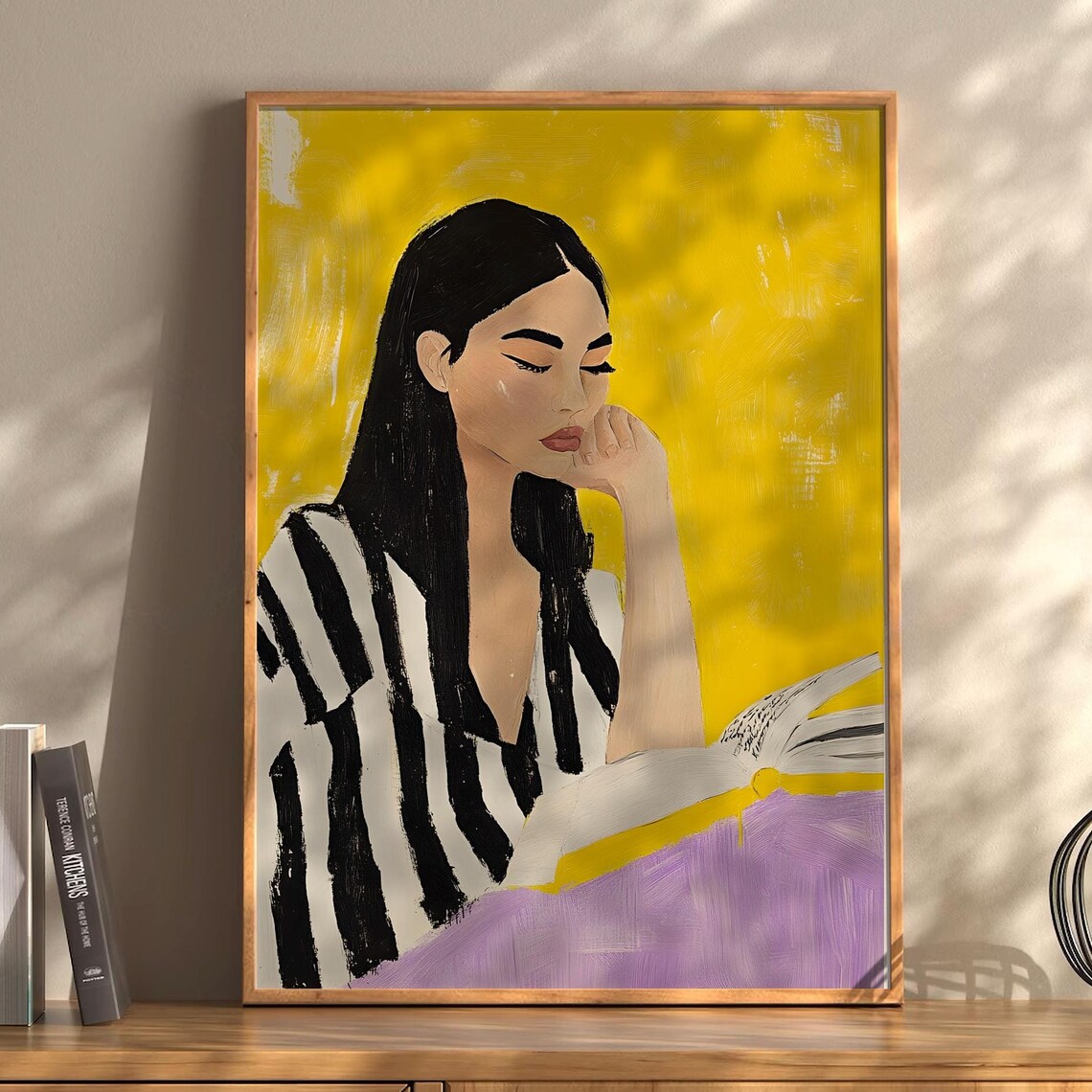 Woman Reading At Table Striped Shirt Yellow Background Poster