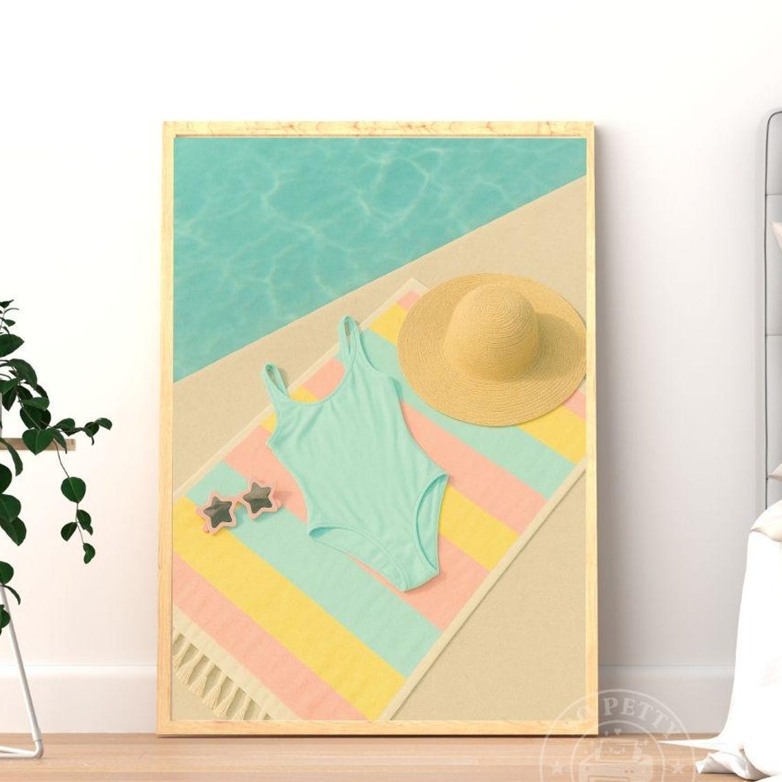 Poolside Summer Flat Lay With Mint Swimsuit And Straw Hat Poster