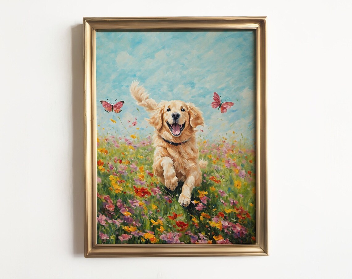 Golden Retriever Dog Art Print, Spring Flower Field