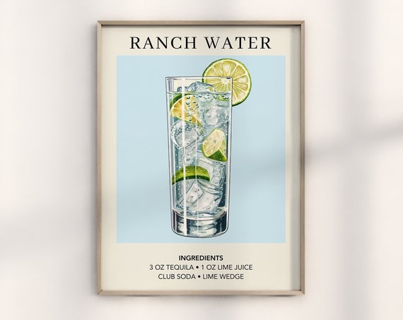 Ranch Water Cocktail Poster, Minimalist Bar Decor