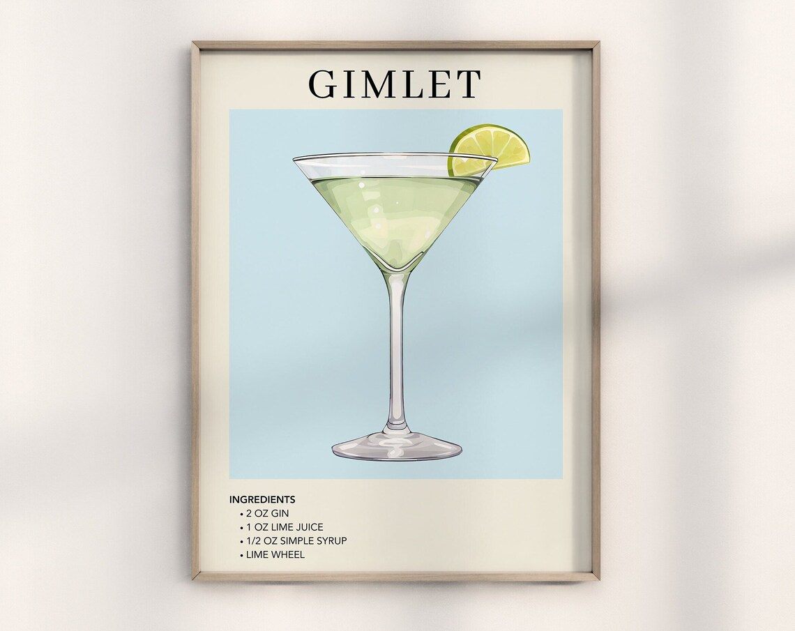 Gimlet Cocktail Recipe Lime Martini Glass Blue Bar Cart Wall Art