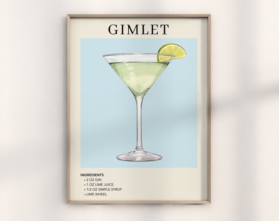 Gimlet Cocktail Recipe Lime Martini Glass Blue Bar Cart Wall Art