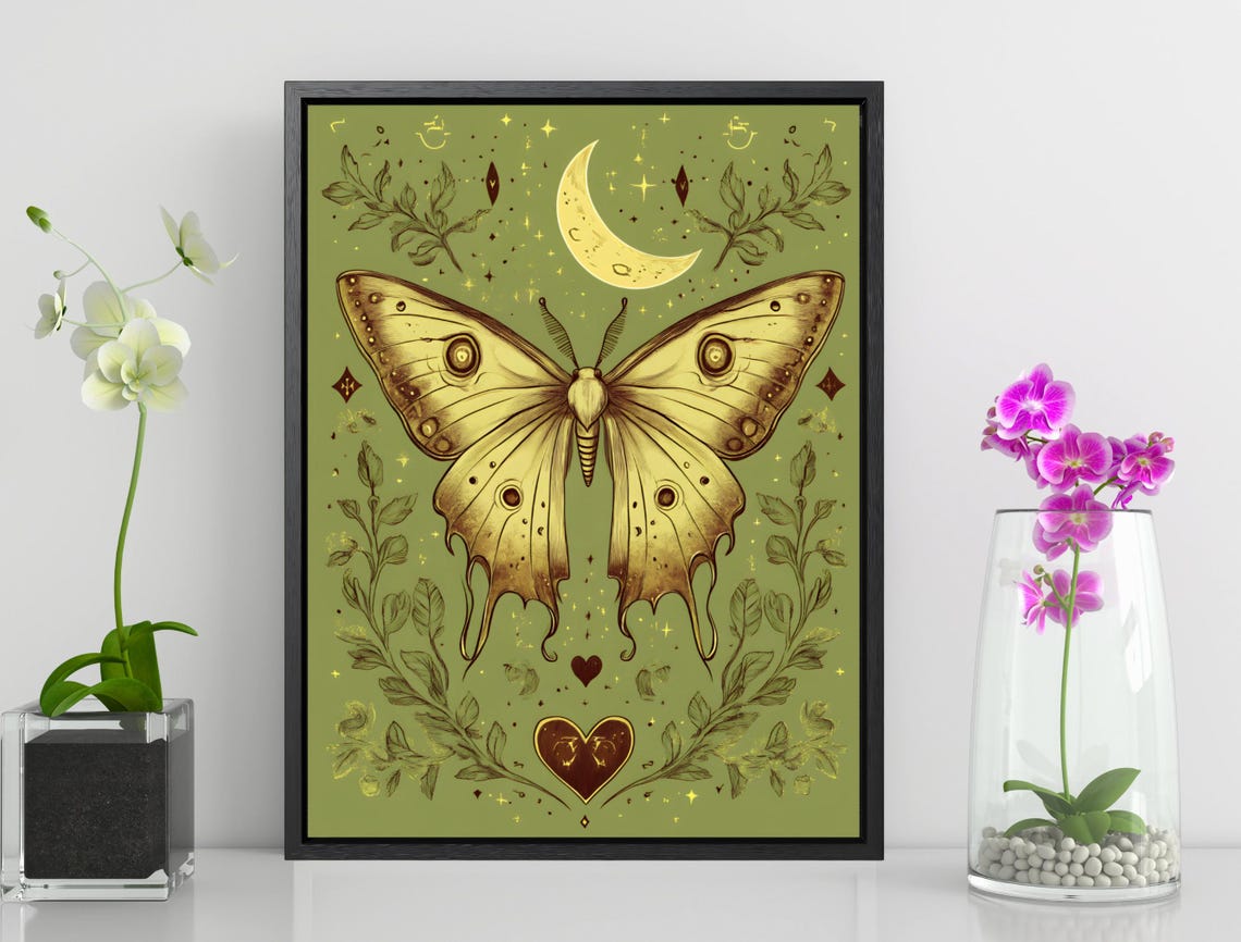 Golden Moth Crescent Moon Celestial Cottagecore Witchy Art Poster