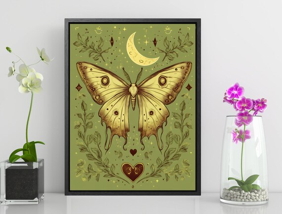 Golden Moth Crescent Moon Celestial Cottagecore Witchy Art Poster