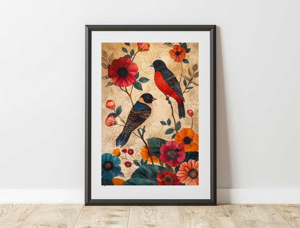 Two Songbirds Floral Illustration Art Nouveau Vintage Bird Wall Poster - Image 4
