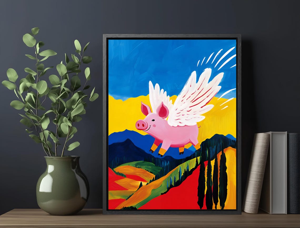 Winged Pink Pig Soaring Bold Patchwork Hills Whimsical Art Print - Image 6