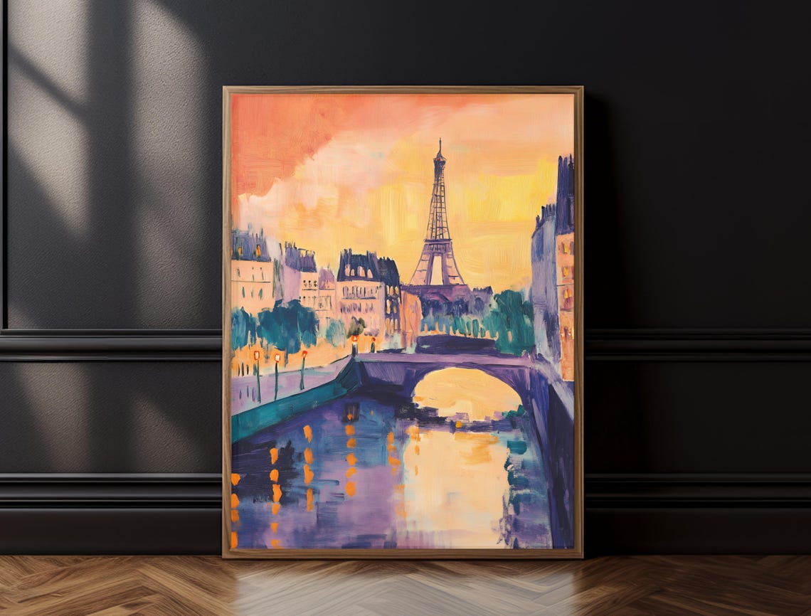 Eiffel Tower Sunset Seine Bridge Warm Orange Paris Travel Wall Poster