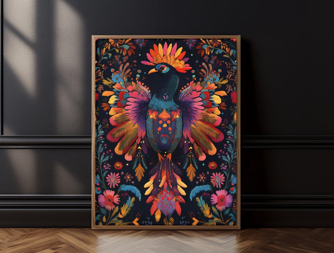 Rainbow Folk Art Bird Multicolor Feathers Dark Floral Maximalist Print