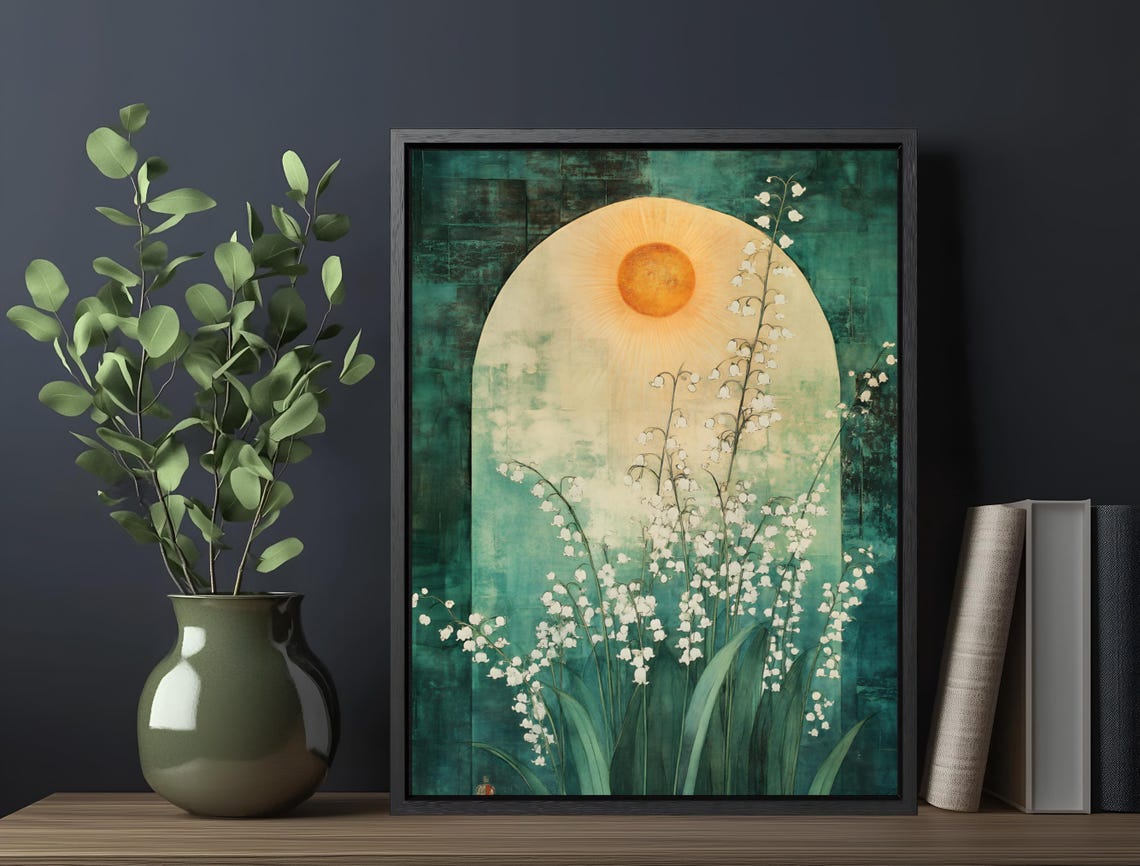 White Wildflowers Golden Sun Arch Teal Botanical Morning Poster - Image 5