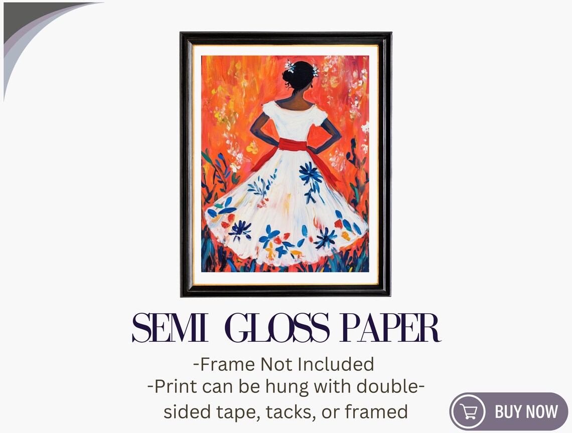 Woman In Floral White Dress Red Sash Fiery Background Modern Wall Poster - Image 6
