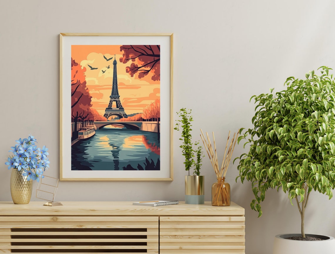 Paris Eiffel Tower Sunset Seine River Vintage Travel Art Poster Print - Image 3
