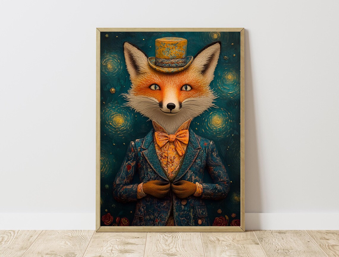 Dapper Fox Top Hat Suit Starry Night Swirly Background Whimsical Art Print