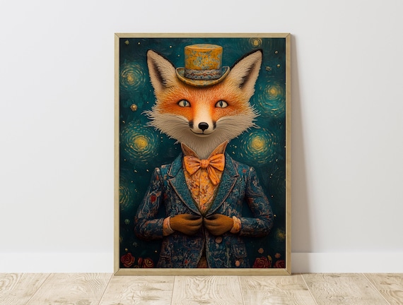 Dapper Fox Top Hat Suit Starry Night Swirly Background Whimsical Art Print