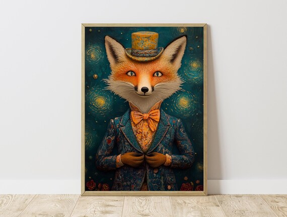 Van Gogh Starry Night Fox Print Cottagecore Decor Perfect For Nursery Or Living Room
