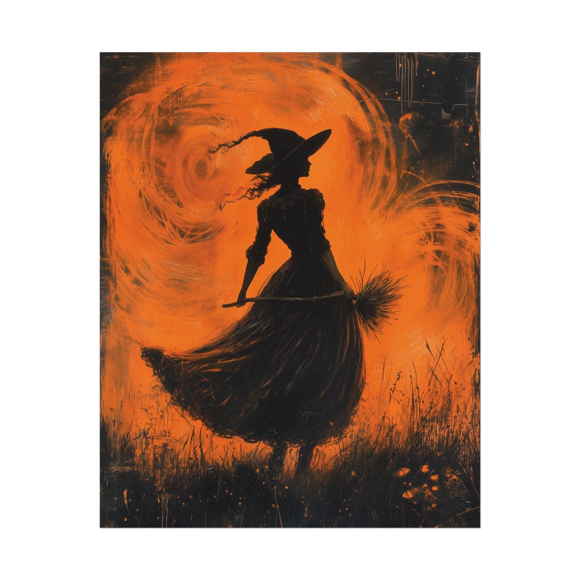 Witch Silhouette Orange Moon Broom Dark Spooky Halloween Art Poster - Image 2