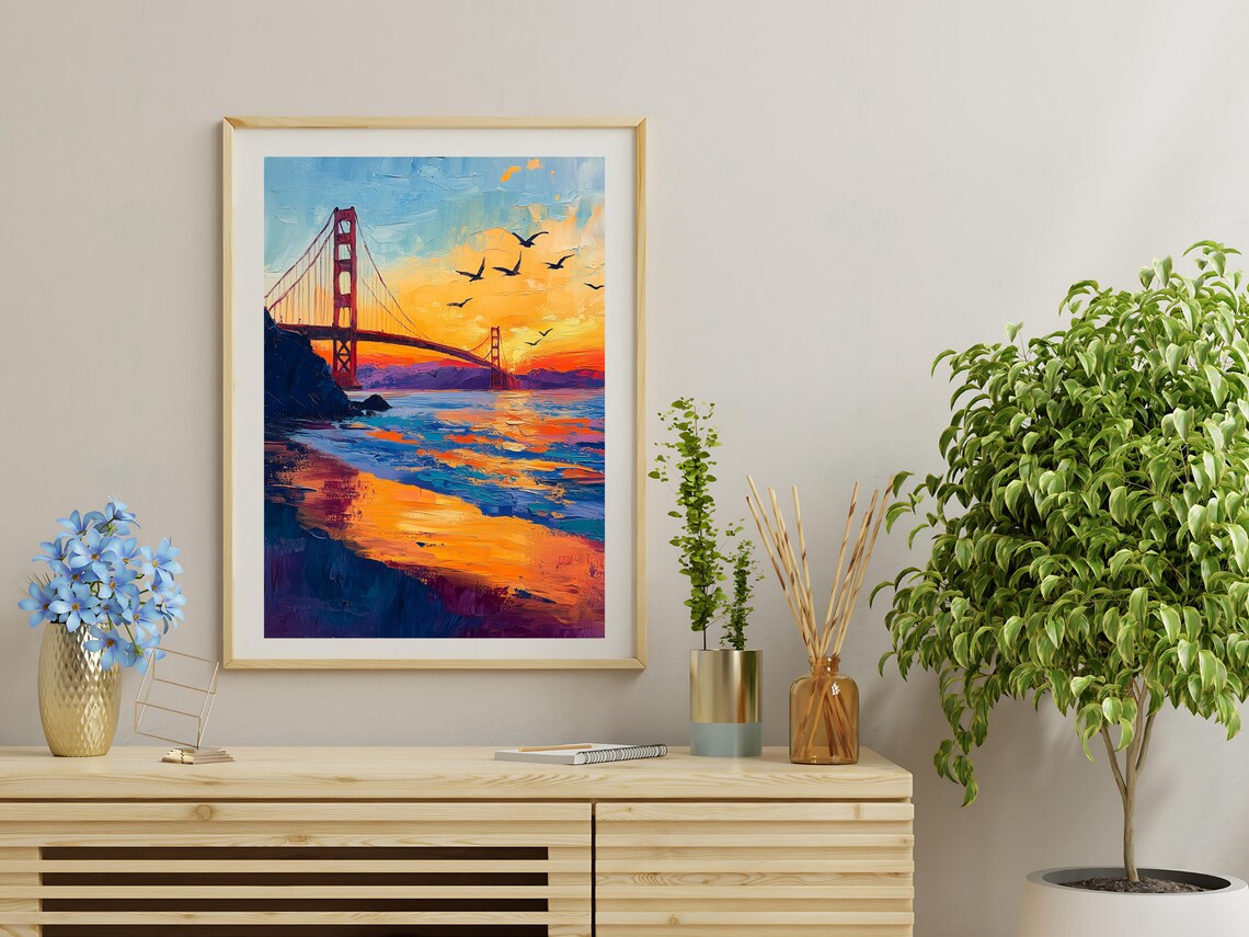 San Francisco Golden Gate Bridge Sunset Oil Painting Seagulls Bay Travel Poster - Image 4
