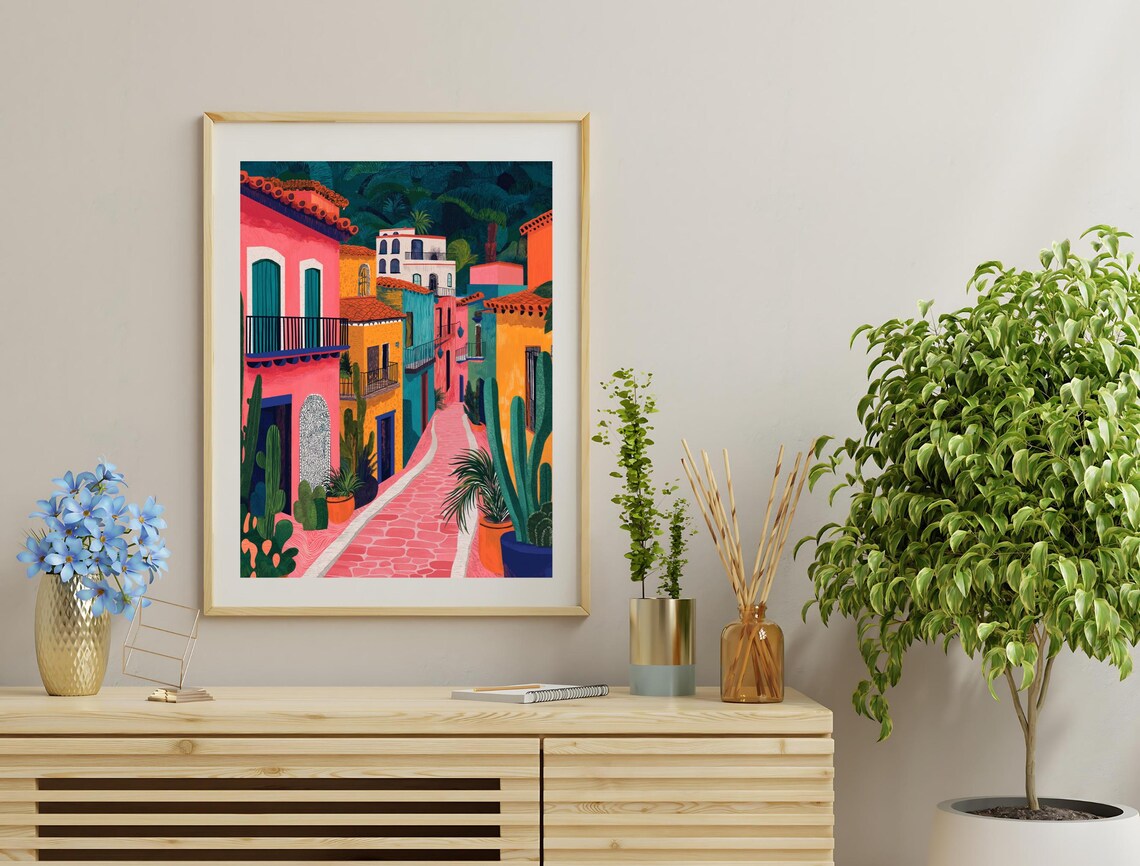 Pink Cobblestone Street Mexico Colonial Buildings Tropical Travel Poster - Image 3