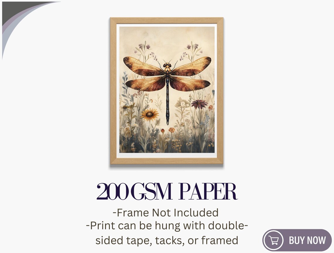 Amber Dragonfly Sunflower Meadow Vintage Nature Wall Art Print - Image 5