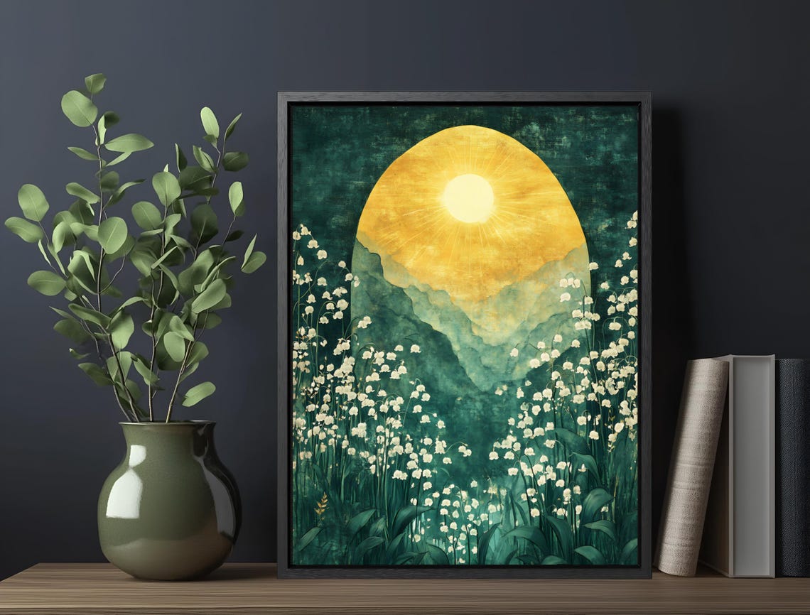 Golden Sunrise Meadow White Blossoms Mountain Mist Art Poster - Image 5