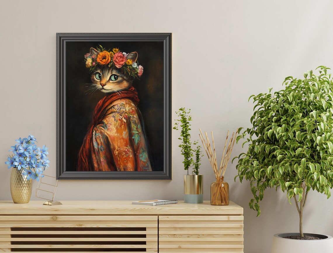 Tabby Cat Flower Crown Floral Robe Green Eyes Regal Portrait Art Poster - Image 3
