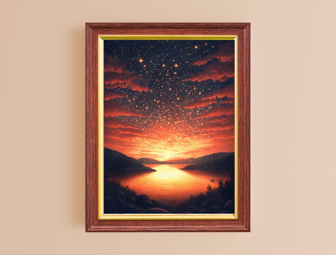 Fiery Sunset Lake Starry Sky Red Clouds Dramatic Landscape Wall Art - Image 2
