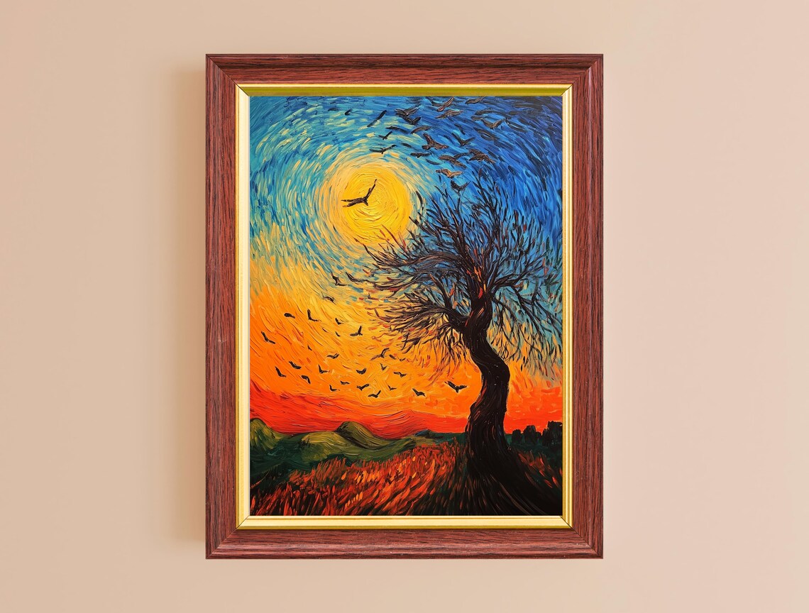 Van Gogh Style Sunset Tree Swirling Sky Flock of Birds Starry Art Poster