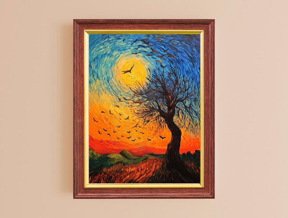 Van Gogh Style Sunset Tree Swirling Sky Flock of Birds Starry Art Poster