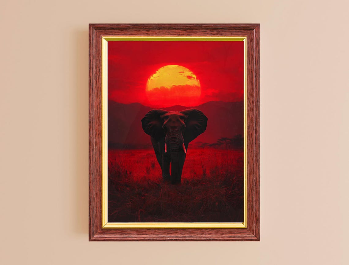 Elephant Red Sunset Savanna Silhouette Dramatic Wildlife Art Poster - Image 2