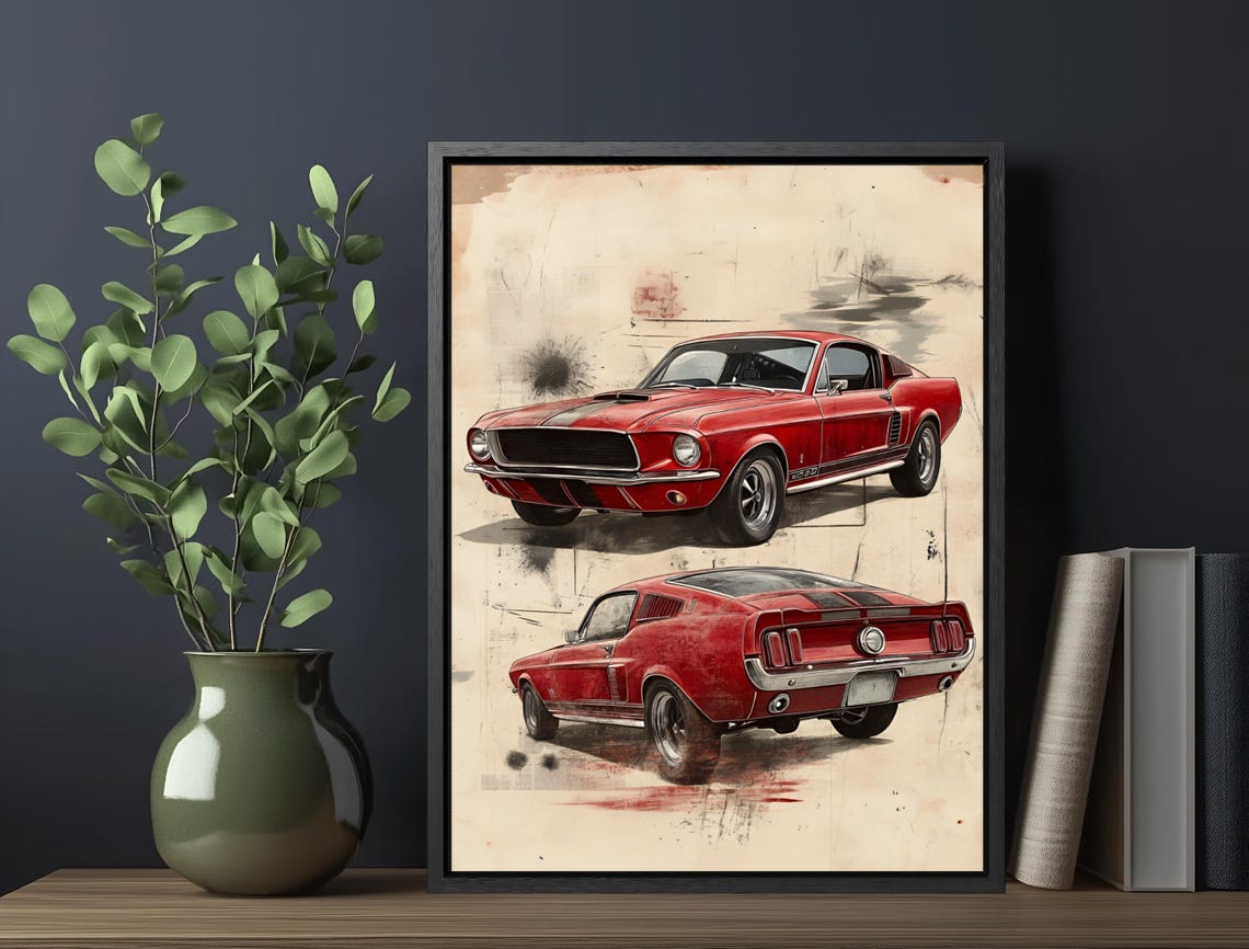 Red Ford Mustang Fastback Front Rear Vintage Sketch Car Wall Poster - Image 6