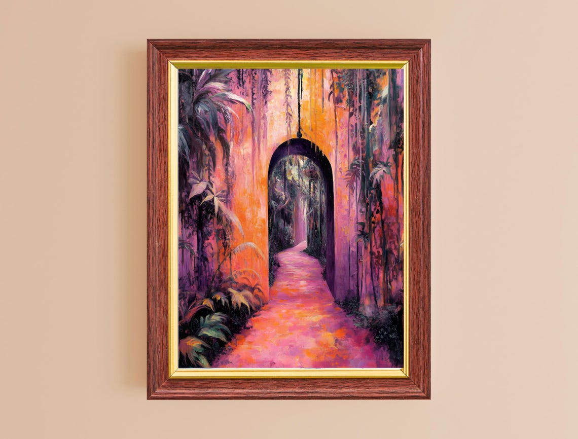 Magenta Jungle Archway Misty Path Tropical Maximalist Wall Art Print - Image 2