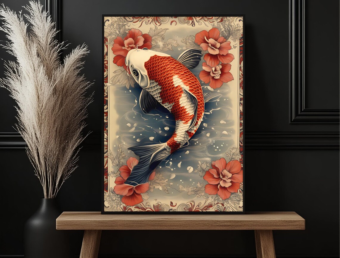 Japanese Koi Fish Tattoo Style Red Flowers Traditional Art Print