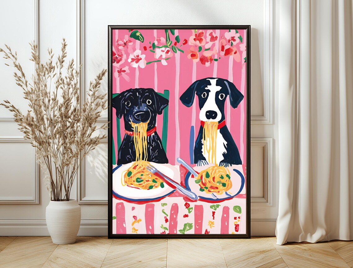 Two Happy Dogs Spaghetti Dinner Pink Floral Quirky Animal Art Print